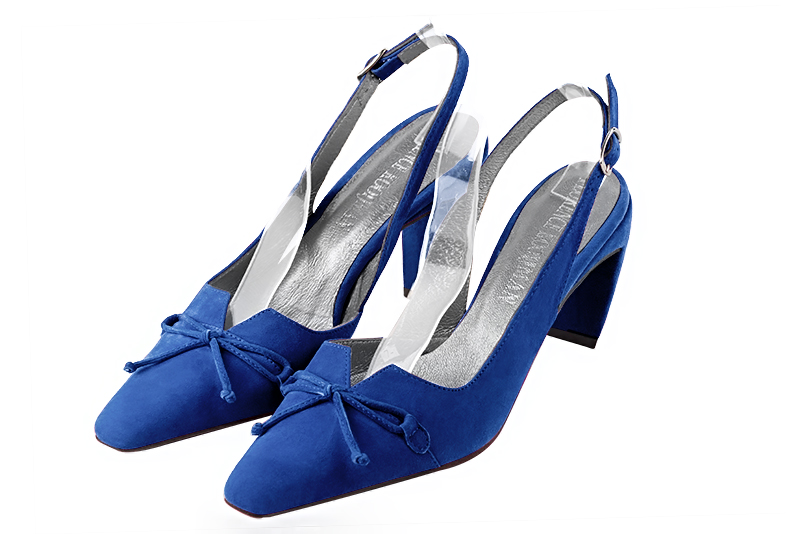 Electric blue women's open back shoes, with a knot. Tapered toe. High comma heels. Front view - Florence KOOIJMAN